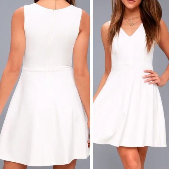 Lulus Bon Appetit Skater Dress XS White Fit & Flare A-Line V-Neck Ponte NEW Chic - Picture 1 of 10